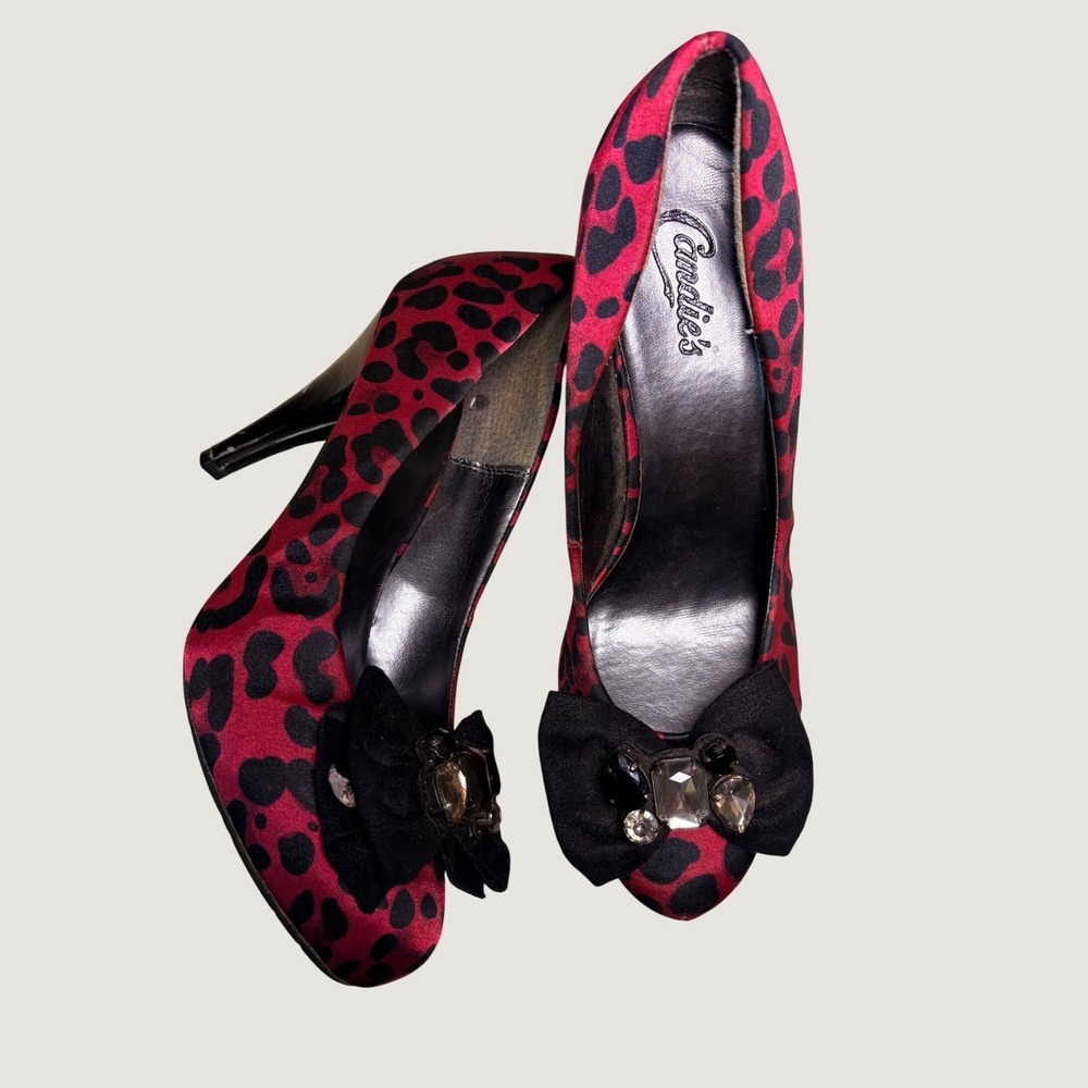 Y2K Candies Scene Leopard Print Bow Rhinestone Platform Stiletto Pumps Heels